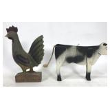 Wooden cow & rooster pair