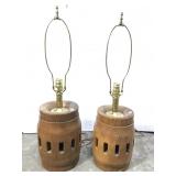 Pair of solid wood barrel lamps