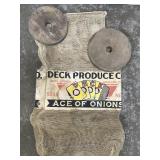 Old onion sack & two wooden wheels