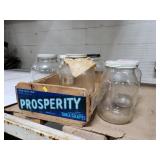 Lot of large vintage glass jars and wood crate