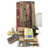 Old wood level and tool lot