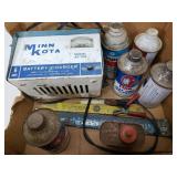 Vintage battery charger and antifreeze cans