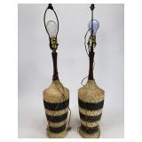 MCM ceramic & wood lamp pair