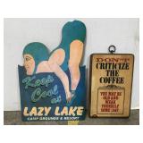 Two vintage signs w/ Lazy Lake Camp Grounds
