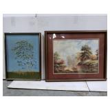 Framed tree painting and needle point pieces