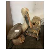 Concrete Pelican And Covered Wagon Bird Feeder