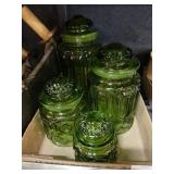 4 Vintage 60S Moon & Stars Green Glass Canister