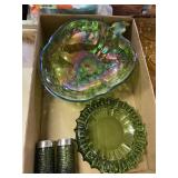 Green Glass Ashtray Bowl And Salt And Pepper