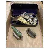 Vintage Miniature Metal Irons And Sewing Kit