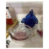 Blue Glass Basket And Ashtray