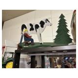 Wooden Farmer Milking Cow Whirligig Folk Art