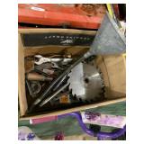 wrenches, oil funnel, saw blade