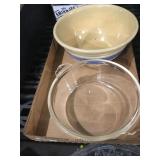 2 bowls Oven Ware stripped bowl and pyrex glass