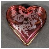 Vintage Etched Cranberry Heart Trinket Dish