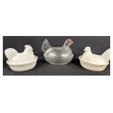 Trio Of Vintage Hen/rooster On Nest