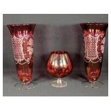 Trio Of Etched Ruby Glassware