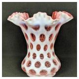 Pink Opalescent Fenton Crimped Edge Vase