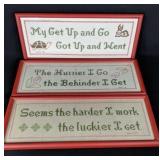 Three Cross Stitched Wall Hangers