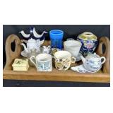 Wooden Serving Tray Full Of Collectibles