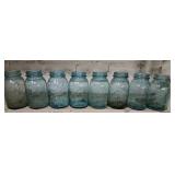 Eight Vintage Blue Quart Mason Jars