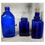 Three Vintage Cobalt Blue Medicine Bottles