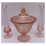 Pink Depression Glass Candy Jar and Candlesticks