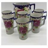 Handpainted Pitcher and 6 Mugs