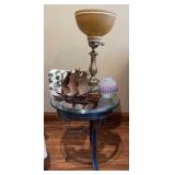 Brass Lamp, Glass Top Table and Contents Brass Lamp, Glass Top Table and Contents