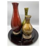 (3) Decorative Glass Vases and Charger (3) Decorative Glass Vases and Charger
