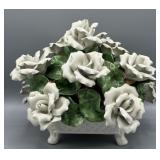 Italian Porcelain White Rose Flower Basket
