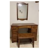 Vintage Wood Vanity, Mirror and Stool