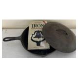 Cast Iron Skillet, Lid and Antique Iron Book