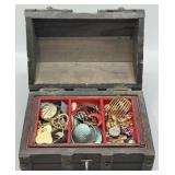 Wood Treasure Chest Jewelry Box with Contents