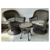 (2) Wicker Swivel Chairs and End Table