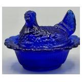 Mosser Glass Cobalt Blue Hen on Nest Salt Cellar