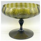 Vintage Olive Green Empoli Glass Optic Compote