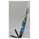 Crowing Rooster Celluloid Blue Pearl Pocket Knife