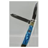 Crowing Rooster Celluloid Blue Pearl Pocket Knife