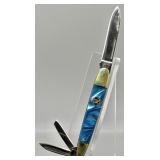 Crowing Rooster Celluloid Blue Pearl Pocket Knife