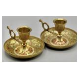 Enameled Etched Chamberstick Candle Holders