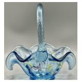 Fenton Blue Art Glass Basket HP & Signed S. Fisher