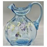 Fenton Blue Pitcher HP & Signed Diane Gessel