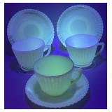 Vintage UV Reactive Ribbed Glass Cups & Saucers