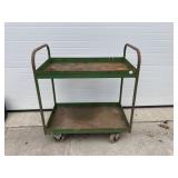 Green metal shelf on wheels