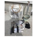 Reusable tote with hand garden tools, misc
