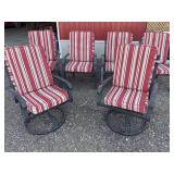 6 metal framed patio chairs (2 swivels) w/ red