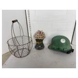 Basket, green safety helmet, flower decor