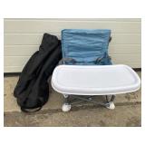 Childs blue chair with tray in black bag