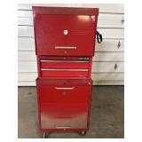 Red metal toolbox on wheels with contents