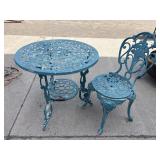 Blue metal garden table and chair